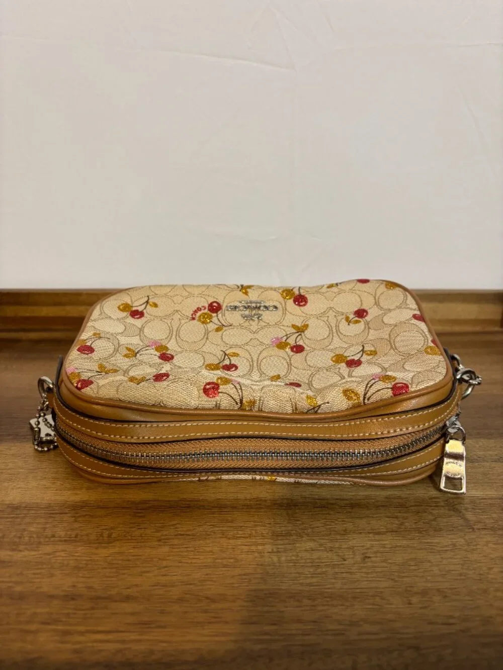 Coach Isla Signature Khaki Metallic Cherry Print Tan Leather Crossbody